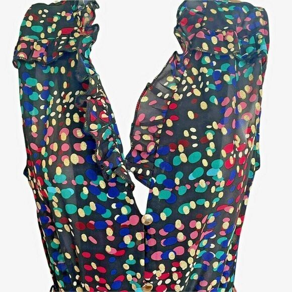 Molly Bracken Premium Dress XS Black Confettis V-Neck Ruffled Lined Belted - Picture 5 of 9